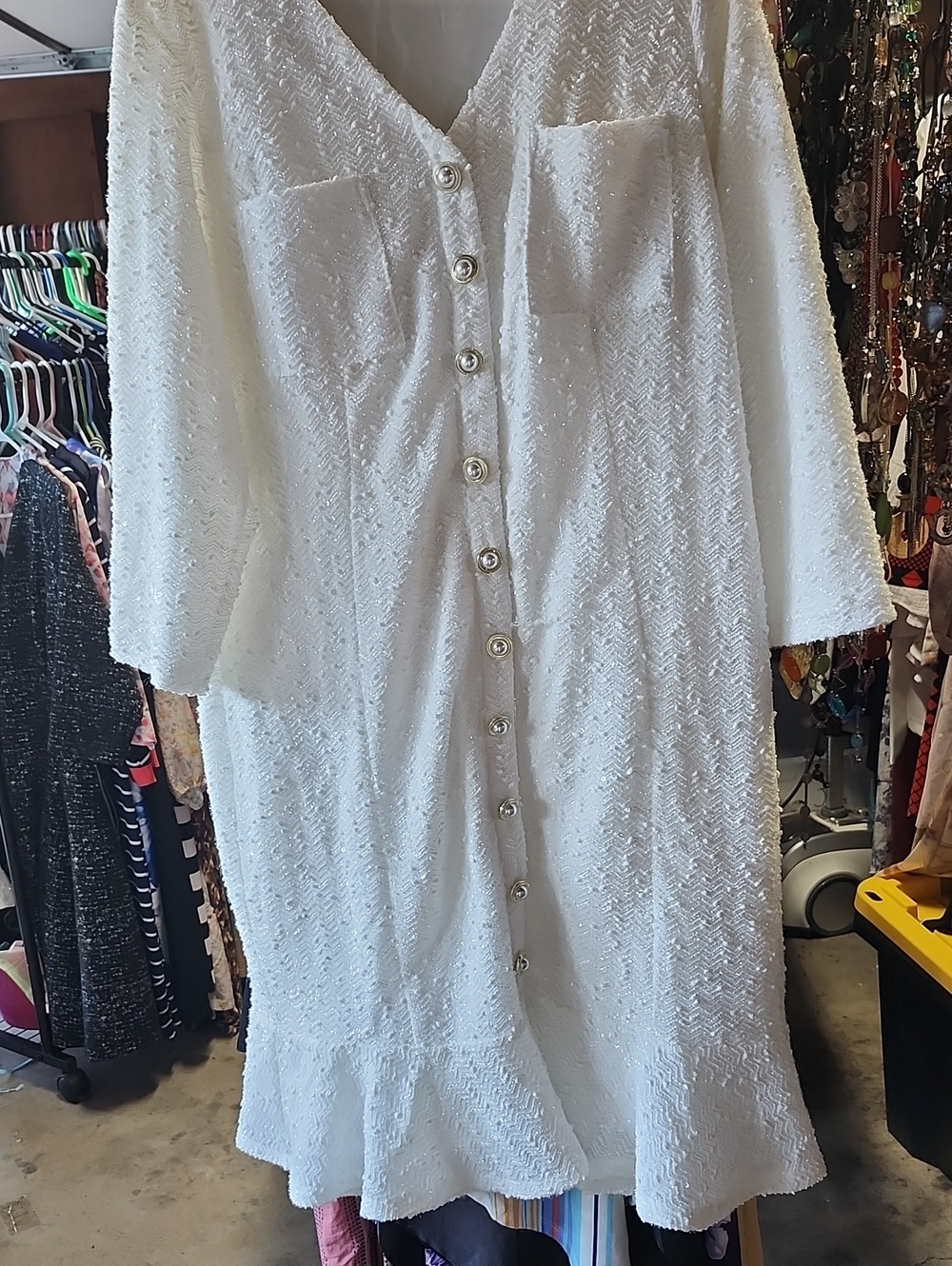 White Textured Button-Front Midi Dress